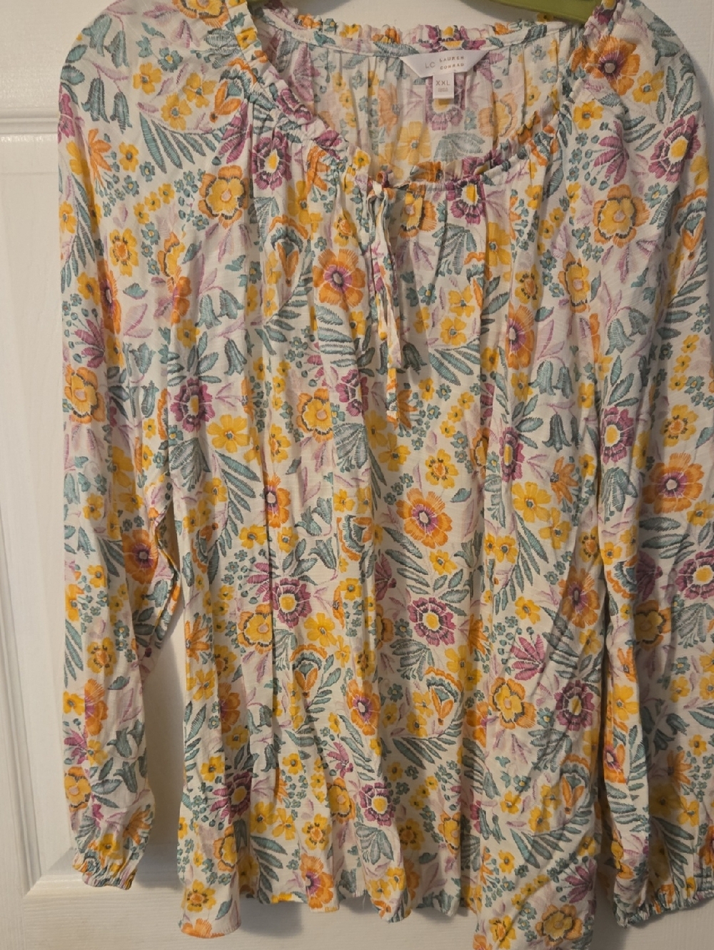 LC Lauren Conrad Yellow, Teal & Mauve Floral Tie-Neck Blouse